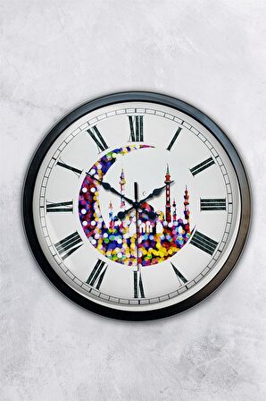 40 Cm Siyah Metal Hilal ve Cami Duvar Saati