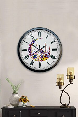 40 Cm Siyah Metal Hilal ve Cami Duvar Saati