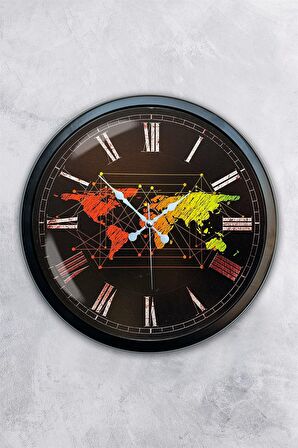 40 Cm Siyah Metal Harita Duvar Saati