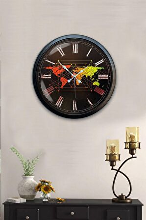 40 Cm Siyah Metal Harita Duvar Saati