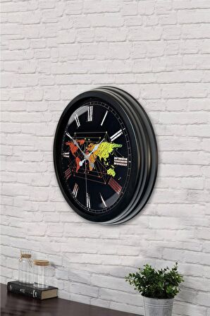 40 Cm Siyah Metal Harita Duvar Saati