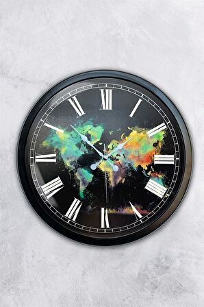 40 Cm Siyah Metal Harita Duvar Saati