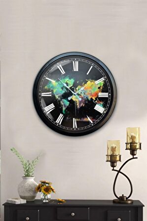40 Cm Siyah Metal Harita Duvar Saati
