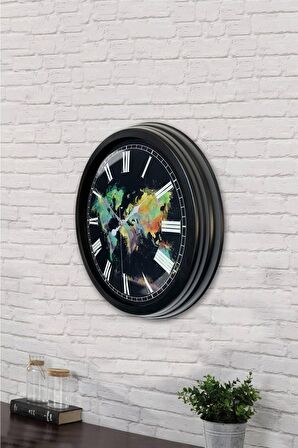 40 Cm Siyah Metal Harita Duvar Saati