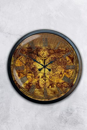 40 Cm Siyah Metal Harita Duvar Saati