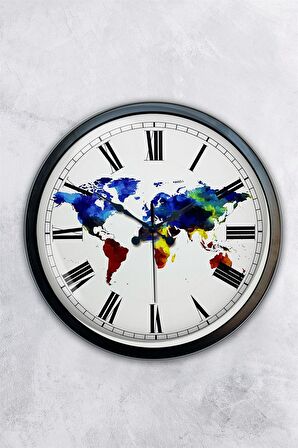 40 Cm Siyah Metal Harita Duvar Saati