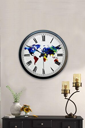 40 Cm Siyah Metal Harita Duvar Saati