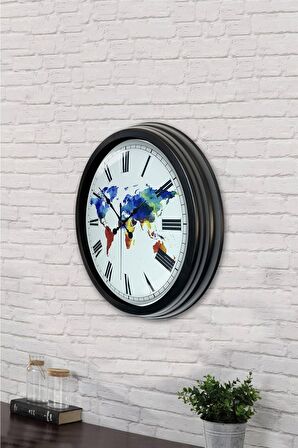 40 Cm Siyah Metal Harita Duvar Saati