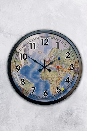 40 Cm Siyah Metal Harita Duvar Saati