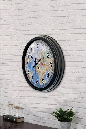 40 Cm Siyah Metal Harita Duvar Saati