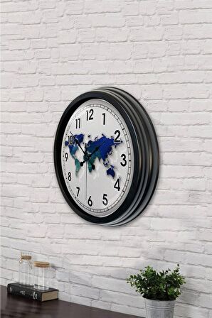 40 Cm Siyah Metal Harita Duvar Saati