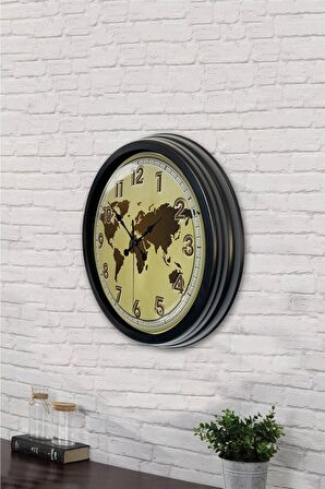 40 Cm Siyah Metal Harita Duvar Saati