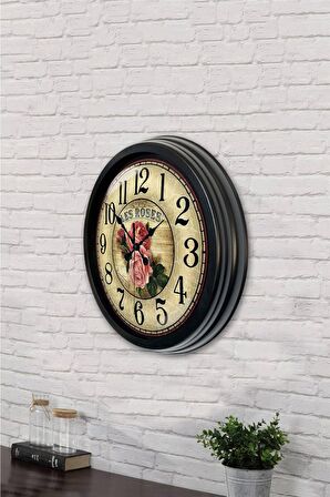 40 Cm Siyah Metal Gül Duvar Saati