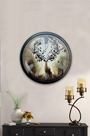 40 Cm Siyah Metal Geyik Duvar Saati