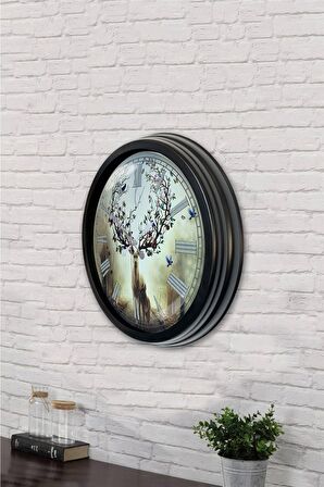 40 Cm Siyah Metal Geyik Duvar Saati