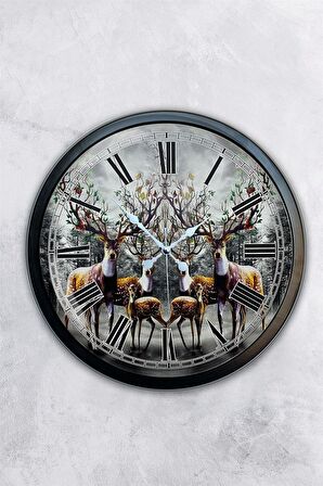 40 Cm Siyah Metal Geyik Duvar Saati