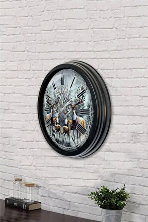 40 Cm Siyah Metal Geyik Duvar Saati