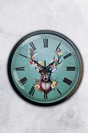 40 Cm Siyah Metal Geyik Duvar Saati
