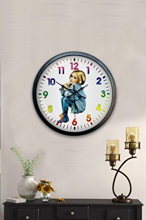 40 Cm Siyah Metal Genç Kız Duvar Saati