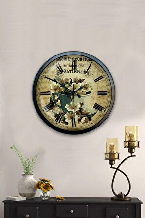 40 Cm Siyah Metal Flowers Duvar Saati