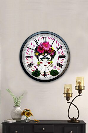 40 Cm Siyah Metal Flowers Duvar Saati