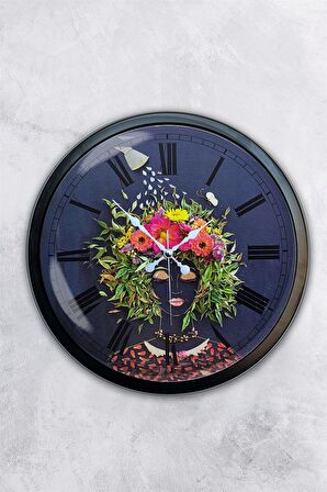 40 Cm Siyah Metal Flowers Duvar Saati