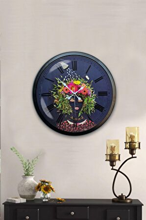 40 Cm Siyah Metal Flowers Duvar Saati