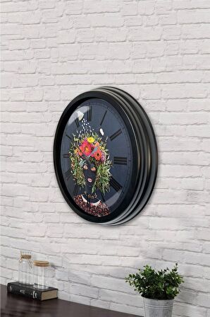 40 Cm Siyah Metal Flowers Duvar Saati