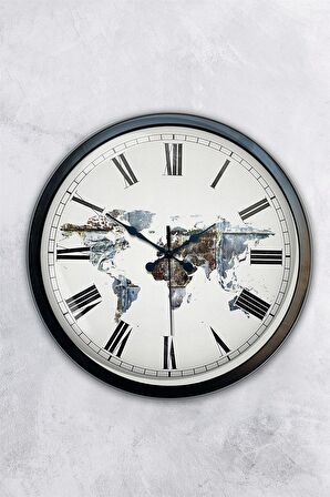 40 Cm Siyah Metal Dünya Haritası Duvar Saati