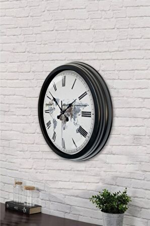 40 Cm Siyah Metal Dünya Haritası Duvar Saati