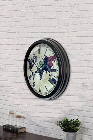 40 Cm Siyah Metal Dünya Haritası Duvar Saati