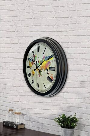 40 Cm Siyah Metal Dünya Haritası Duvar Saati