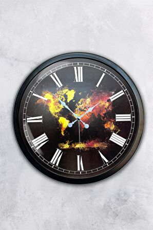 40 Cm Siyah Metal Dünya Haritası Duvar Saati