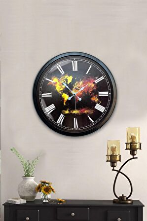 40 Cm Siyah Metal Dünya Haritası Duvar Saati