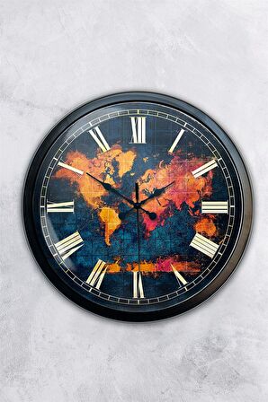 40 Cm Siyah Metal Dünya Duvar Saati