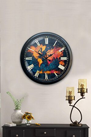 40 Cm Siyah Metal Dünya Duvar Saati