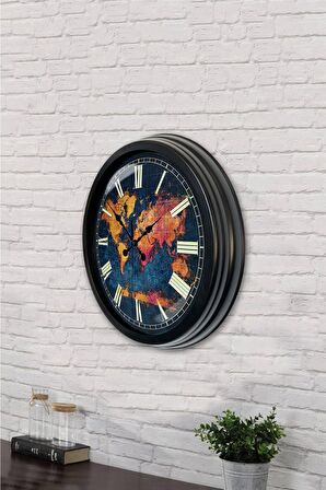 40 Cm Siyah Metal Dünya Duvar Saati