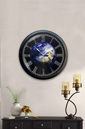 40 Cm Siyah Metal Dünya Duvar Saati