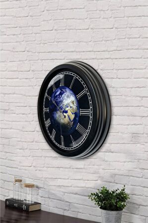 40 Cm Siyah Metal Dünya Duvar Saati