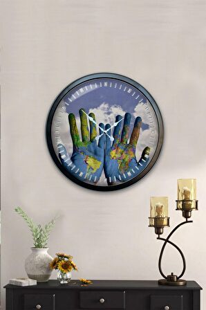 40 Cm Siyah Metal Dünya Barışı Duvar Saati
