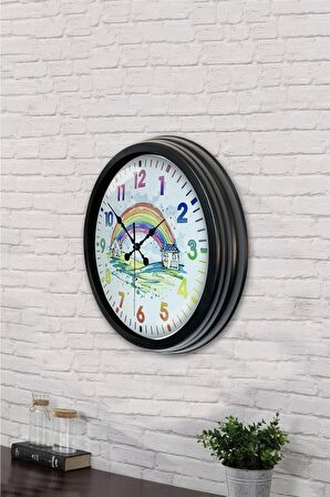40 Cm Siyah Metal Çocuk Gökkuşağı Duvar Saati
