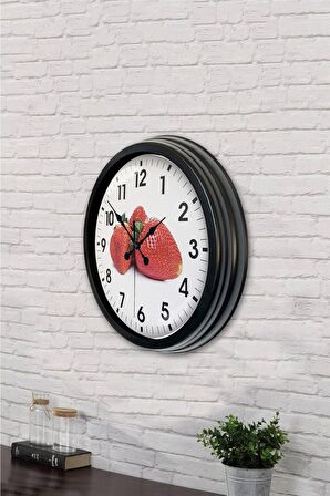 40 Cm Siyah Metal Çilek Duvar Saati