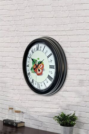 40 Cm Siyah Metal Çilek Duvar Saati