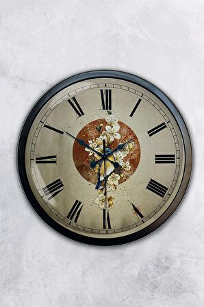 40 Cm Siyah Metal Çiçekli Duvar Saati