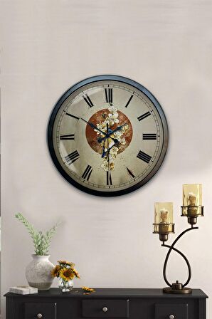 40 Cm Siyah Metal Çiçekli Duvar Saati