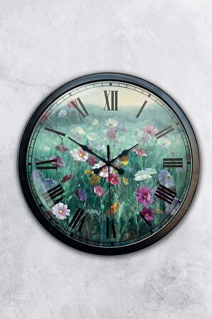 40 Cm Siyah Metal Çiçek Duvar Saati