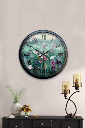 40 Cm Siyah Metal Çiçek Duvar Saati
