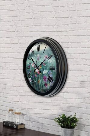 40 Cm Siyah Metal Çiçek Duvar Saati
