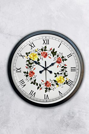 40 Cm Siyah Metal Çiçek Duvar Saati