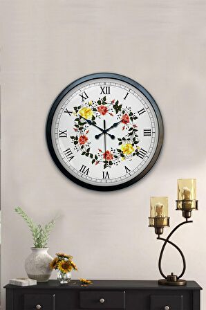 40 Cm Siyah Metal Çiçek Duvar Saati